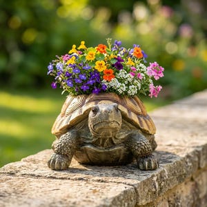May include: A brown tortoise-shaped planter featuring a detailed shell texture and a realistic head. The planter is filled with a vibrant arrangement of small flowers in shades of yellow, orange, purple, white, and pink, creating a colourful display.