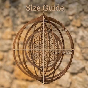 May include: A brown metal decorative hanging sculpture with a geometric design. The sculpture features concentric circles and a central pattern. The text "Size Guide" is at the top, with dimensions of 25cm/9.85in.