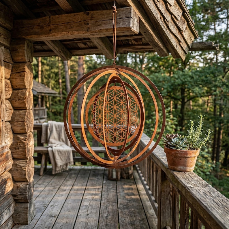 May include: A hanging, rusty-brown metal sphere with concentric rings and a geometric floral pattern. The outdoor art piece is suspended from a wooden beam on a porch, with a potted plant on the railing. The background features a forest.