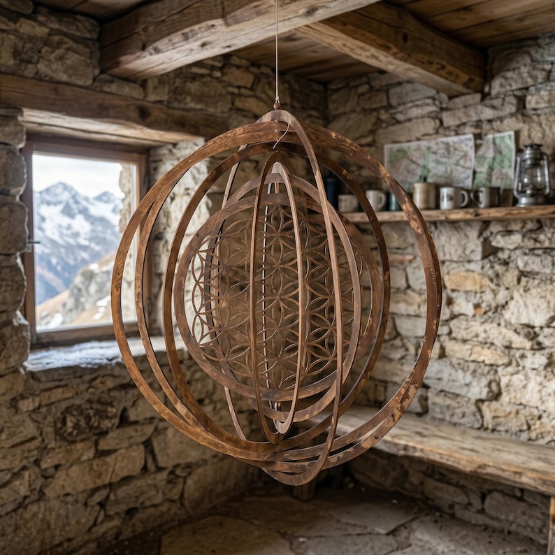 May include: A large, hanging metal sculpture with a geometric design. The sculpture features concentric rings and a central sphere with a floral pattern. The piece is suspended in a rustic room with a stone wall and a window overlooking a mountain range.