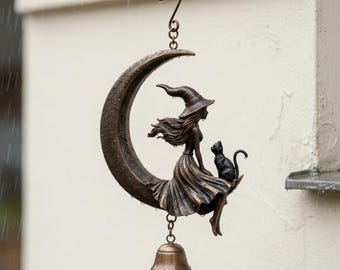 Dzwonek wietrzny czarownicy z księżycem czarnego kota, dzwonki czarownic na Halloween, wiszące dzwonki czarownic do ogrodu, metalowy dzwonek wietrzny czarownicy