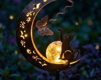 Lampada solare da giardino a forma di luna crescente, lampada a paletto a mezzaluna, decorazione solare da giardino per esterni, lanterna a forma di gatto farfalla, illuminazione per giardino delle fate.
