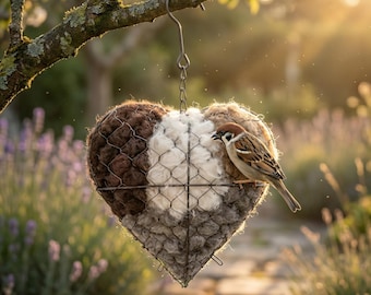 Nid d'oiseau en forme de cœur fait main, nid suspendu en fibre pour oiseaux de jardin, décoration de nidification naturelle, aide à la nidification des oiseaux d'extérieur
