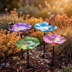 May include: Four colourful glass bird baths in a garden. Each bath is a different colour: purple, blue, green, and pink. A monarch butterfly and several bees are present. The baths are on black metal stands.