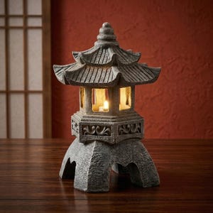 Puede incluir: Una linterna pagoda de piedra gris con una vela encendida en su interior. La linterna tiene múltiples niveles y tallas decorativas. Se encuentra sobre una superficie de madera contra una pared roja.