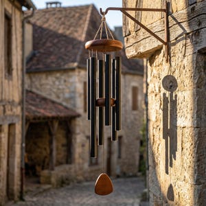 Peut inclure: Un carillon éolien avec des tubes noirs et des accents en bois est suspendu à un support en métal rouillé sur un mur en pierre. Le carillon a un dessus circulaire et une pièce inférieure en forme de goutte.