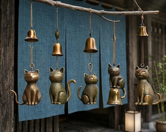 Cat Wind Chime Bronze Style, Kitten Wind Chime Hanging Bells, Japanese Zen Wind Chime Outdoor Garden Decor, Cat Lover Gift