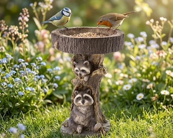 Raccoon Bird Feeder Resin, Woodland Animal Bird Bath Feeder Bowl, Rustic Garden Decor Outdoor Bird Feeder Statue