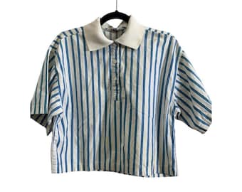 Vintage Gestreiftes Baumwolle Polo Top | Blaues Streifen Kragenhemd | Größe S