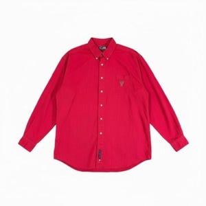 May include: A bright red button-down shirt with long sleeves. The shirt has a small embroidered logo on the chest and a button-down collar. The shirt is made of a smooth fabric and has a classic fit.