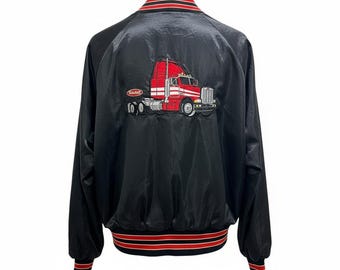 Vintage Peterbilt Satin Bomber Jacket Tonkin Inc Embroidered Semi Truck Rare Trucker Jacket