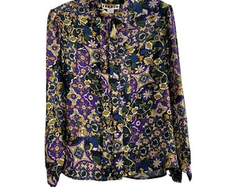 Blusa vintage Jordan de los años 70 con estampado floral psicodélico / Cuello con borlas / Hecha en Corea