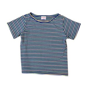 May include: A short-sleeved, striped t-shirt with horizontal stripes in navy blue, light green, and pale pink. The shirt has a round neckline with a yellow trim and a small tag near the neckline.