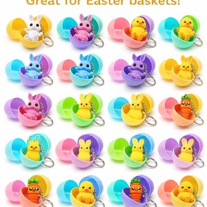 May include: Easter Egg Fillers. The image shows colorful plastic Easter eggs, each containing a small keychain figure. The figures include bunnies, chicks, and a carrot. The text on the image says "Easter Egg Fillers" and "Great for Easter baskets!"