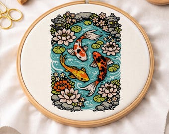 Patrón de punto de cruz Estanque de carpas koi – Jardín japonés, flores de loto (Descarga digital)