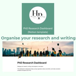 Könnte beinhalten: Eine digitale Grafik, die ein PhD-Forschungs-Dashboard bewirbt. Das Bild zeigt ein Logo mit dem Text "Health Psychology Daily" und den Worten "PhD Research Dashboard (Notion template)". Der Text "Organise your research and writing" ist ebenfalls vorhanden. Ein Foto von Absolventen, die ihre Hüte in die Luft werfen, ist enthalten.