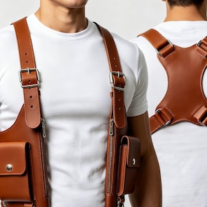 Harnais holster en cuir pour homme, harnais de poitrine réglable avec pochettes utilitaires, étui EDC en cuir marron fait main, cadeau pour lui et elle