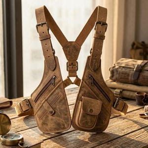 Handmade Leather Chest Rig, Underarm Holster Bag with Zippers & Flap Pockets, Vintage Adjustable Shoulder Bag