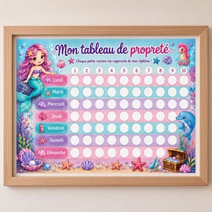 Puede incluir: Una tabla de recompensas enmarcada titulada Mon tableau de propreté con una ilustración de sirena, caballito de mar y delfín. La tabla incluye filas para los días de la semana de Lundi a Dimanche, con diez espacios circulares blancos por fila.