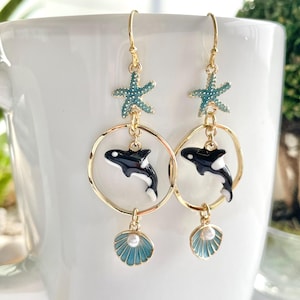 Orca Killer Whale Earrings, Gold Plated, Enamel, Sea Creature Jewelry