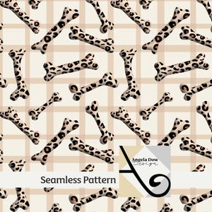 May include: A seamless pattern featuring a repeating design of dog bones with a leopard print texture set against a light beige background with a tan grid. A square logo in the corner displays the text Angela Dow Design Seamless Pattern.