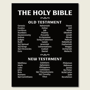 May include: A black rectangular wall art print featuring the white text THE HOLY BIBLE at the top. Below, the Old Testament and New Testament books are listed in three columns each, organized by their respective sections in white lettering.