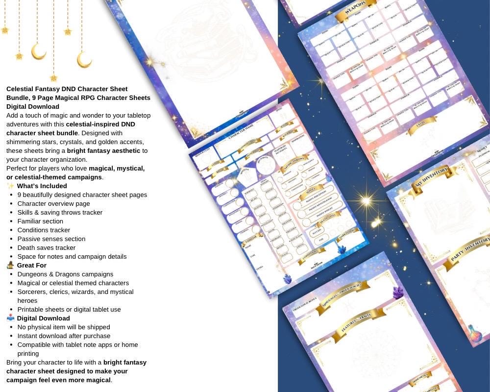 Celestial DND Character Sheet | 9 Page Fantasy RPG Sheet | Magical ...