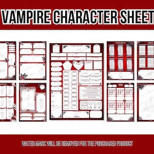Op de afbeelding: Printbare Vampire Character Sheets met een donkerrood en wit kleurenschema. De vellen bevatten decoratieve bloemelementen en verschillende secties voor karakterdetails, vaardigheden en statistieken. De tekst "VAMPIRE CHARACTER SHEET" staat bovenaan.
