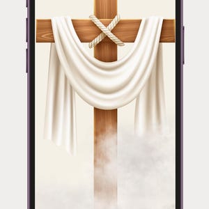 Puede incluir: Un smartphone muestra una ilustración digital de una cruz de madera cubierta con una tela blanca y una cuerda. El texto "Monday, March 9" está en la parte superior, con "Colosenses 2:14" en la parte inferior. El fondo tiene un efecto suave y nublado.