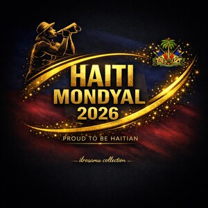 May include: A digital graphic with the words "HAITI MONDYAL 2026" in gold, with a silhouette of a person with a megaphone. The phrase "PROUD TO BE HAITIAN" is below the text, with the "drosamu collection" logo at the bottom.