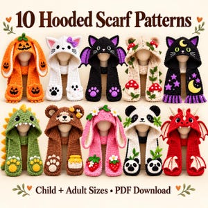 Hooded Scarf Crochet Pattern Bundle PDF, 10 Animal and Halloween Scoodies with Pockets, Child and Adult Sizes