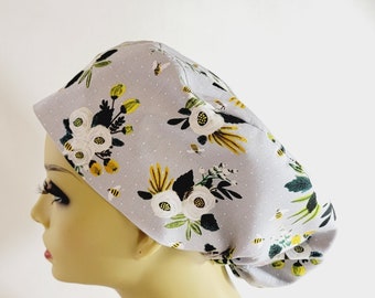 Gray European Women Scrub Hat, Surgical Cap, Floral, Nurses Hat, Medical, USA Made