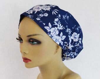 Blue Floral Women Scrub Hat European Women Scrub Hat, Surgical Cap, Nurses Hat, Medical, USA Made