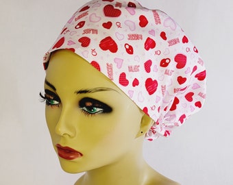 Scrub Cap for Women , Surgical Cap, Scrub Cap, Nurses Hat, Medical, USA Made, Valentine, Hearts Adjustable