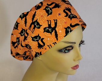 Halloween, Women Scrub Hat, Surgical Cap,  Scared Cat , Scrub Hat, USA Made