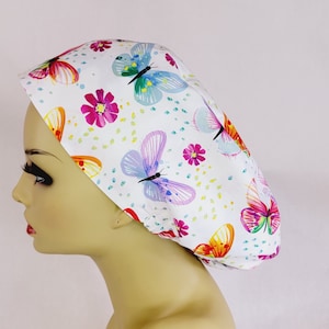 Women Scrub Hat, Surgical Cap, Scrub Hat, Nurses Hat, Butterflies, Medical, USA Made, Floral
