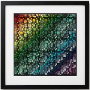 May include: A framed art print featuring a colorful abstract design. The artwork is composed of numerous small squares arranged in a diagonal pattern, transitioning from red to purple. The frame is black, and the print is set against a white mat.