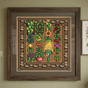 May include: A framed cross-stitch embroidery featuring four vertical columns of stylized botanical motifs in vibrant colors including green, yellow, red, and purple, set against a brown grid background within a dark brown wooden frame.