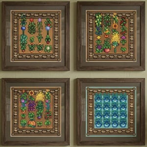 May include: Four framed cross-stitch artworks featuring botanical patterns. Three pieces display various colorful plants on a tan background, while the fourth piece shows a repeating blue floral pattern on a light blue background.