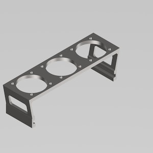 May include: A gray metal bracket with three circular openings. The bracket has a rectangular shape with two supporting legs and a series of small holes along the top edge. The design appears to be for mounting or holding cylindrical objects.