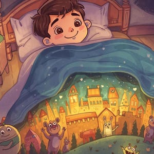 May include: Illustration of a child smiling in bed, with a colorful dreamscape beneath the covers. The text reads, "Sami went back to bed with a big smile. Even the smallest person can make a big difference."