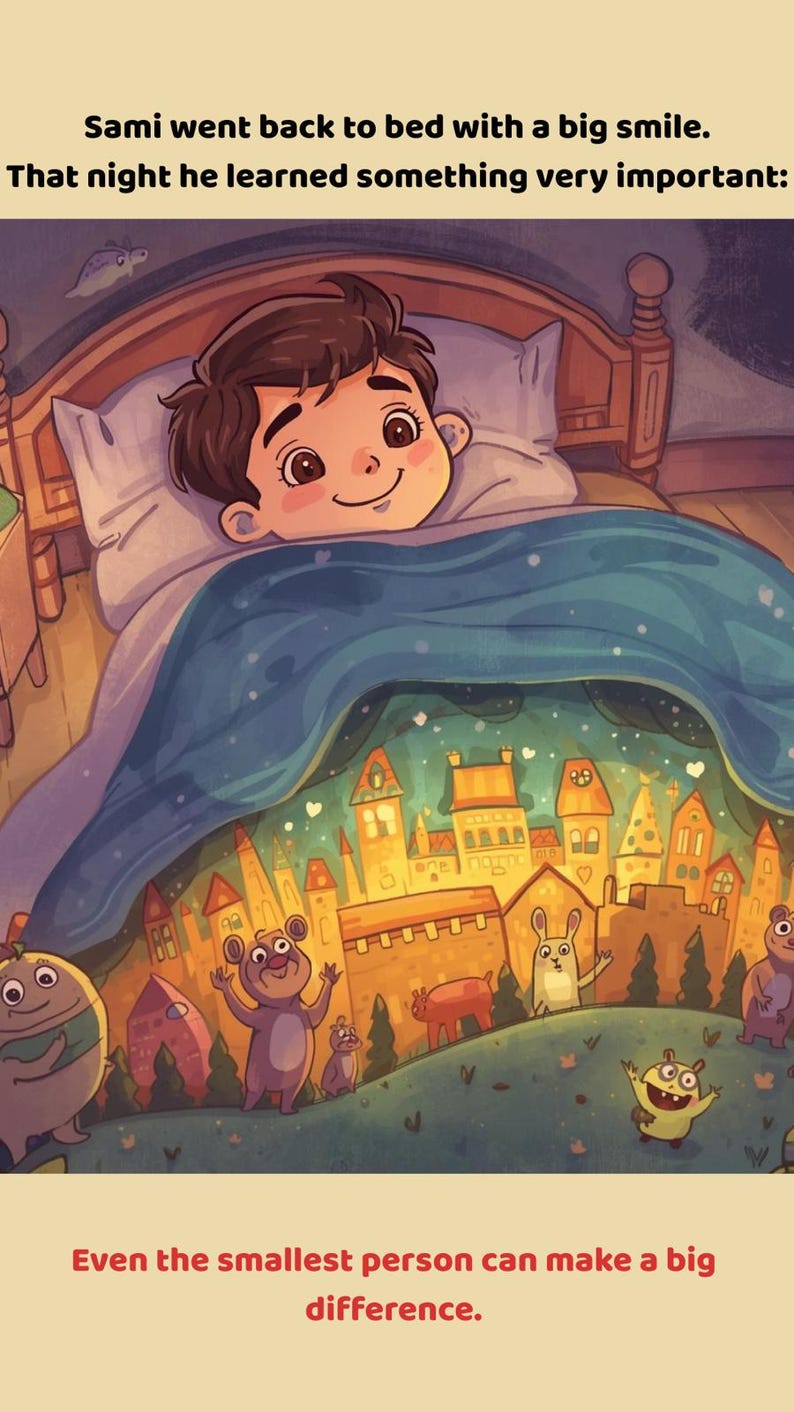 May include: Illustration of a child smiling in bed, with a colorful dreamscape beneath the covers. The text reads, "Sami went back to bed with a big smile. Even the smallest person can make a big difference."