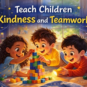 May include: An illustration depicts three children building a tower with colorful blocks. The image has the text "Teach Children Kindness and Teamwork". The children are smiling and appear to be enjoying themselves. A teddy bear is in the background.