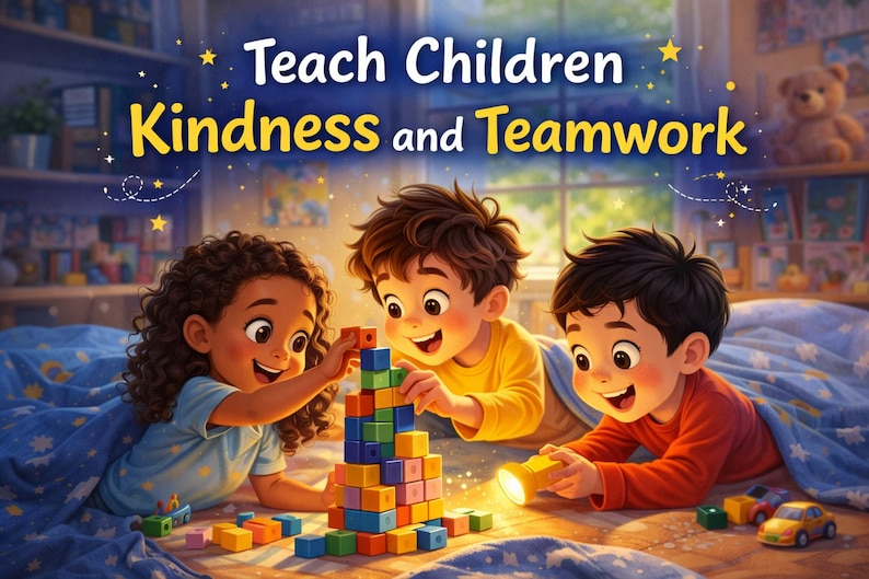 May include: An illustration depicts three children building a tower with colorful blocks. The image has the text "Teach Children Kindness and Teamwork". The children are smiling and appear to be enjoying themselves. A teddy bear is in the background.