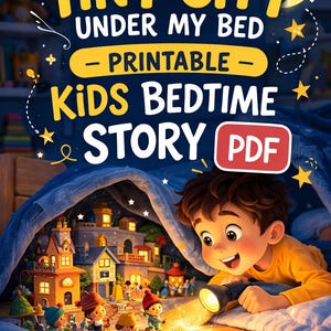 May include: A digital illustration of a child reading a bedtime story under a blanket. The image features the text "The Tiny City Under My Bed - Printable - Kids Bedtime Story PDF". A miniature city is illuminated by a flashlight.