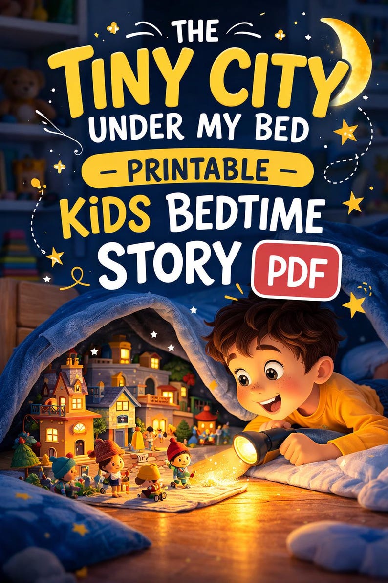 May include: A digital illustration of a child reading a bedtime story under a blanket. The image features the text "The Tiny City Under My Bed - Printable - Kids Bedtime Story PDF". A miniature city is illuminated by a flashlight.