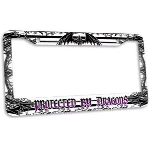 PROTECTED BY DRAGONS License Plate Frame, Fantasy Dragon Car Tag Frame, Metal Auto Accessory, Mythical Car Decor, Dragon Lover Gift