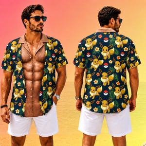 May include: A short-sleeve button-down shirt featuring a dark blue pattern of Eevee characters, Poké Balls, and tropical flowers. The front of the shirt displays a realistic print of a muscular torso, while the back shows the full Eevee floral pattern.