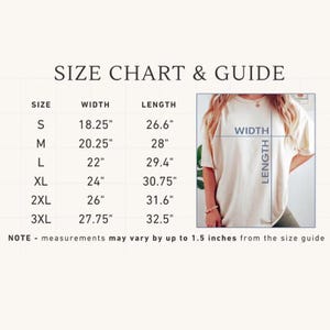 May include: A size chart and guide for a t-shirt, with measurements in inches. The chart includes sizes S, M, L, XL, 2XL, and 3XL, with corresponding width and length measurements. A photo shows a person wearing a cream-colored t-shirt.