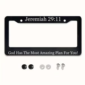 May include: A black rectangular license plate frame featuring white text that reads Jeremiah 29:11 at the top and God Has The Most Amazing Plan For You! at the bottom. The set includes two black screw covers, two white washers, and two metal screws.